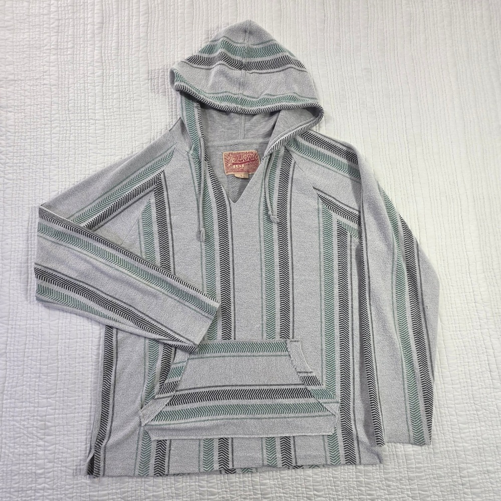 Brooklyn Cloth Mens Baja Hoodie Grey Teal Stripe Chevron Pullover Sweater EUC L